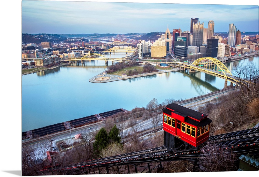 View of the downtown Pittsburgh, where the Ohio River, Monongahela River and Allegheny River meet. The forks of the Ohio.