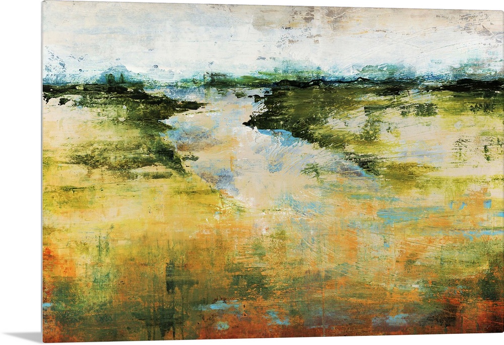 A flat landscape and horizon in this abstract painting created with vague and dripping shapes.