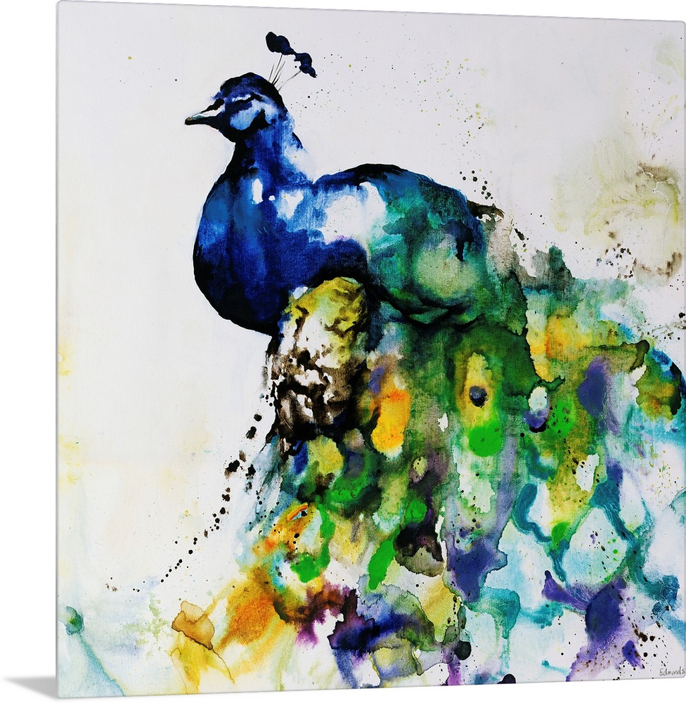 A water color painting of a peacock that has loosely painted feathers with pops of yellow.