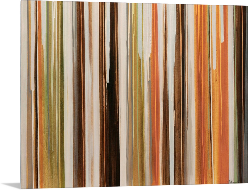 Large abstract art includes an abundance of thin vertical lines in a variety of different earth tones that have been align...