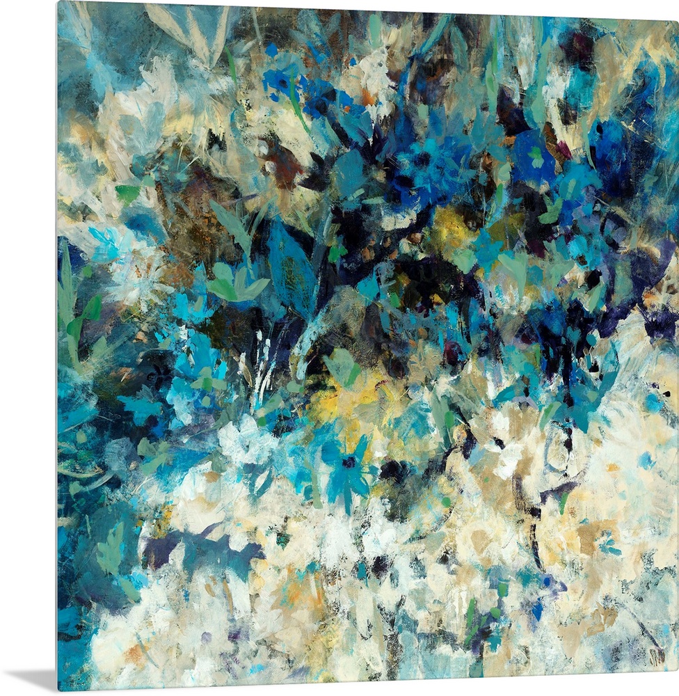 Square, oversized abstract painting of many small flowers in light, cool tones. Painted with short, rough brushstrokes.