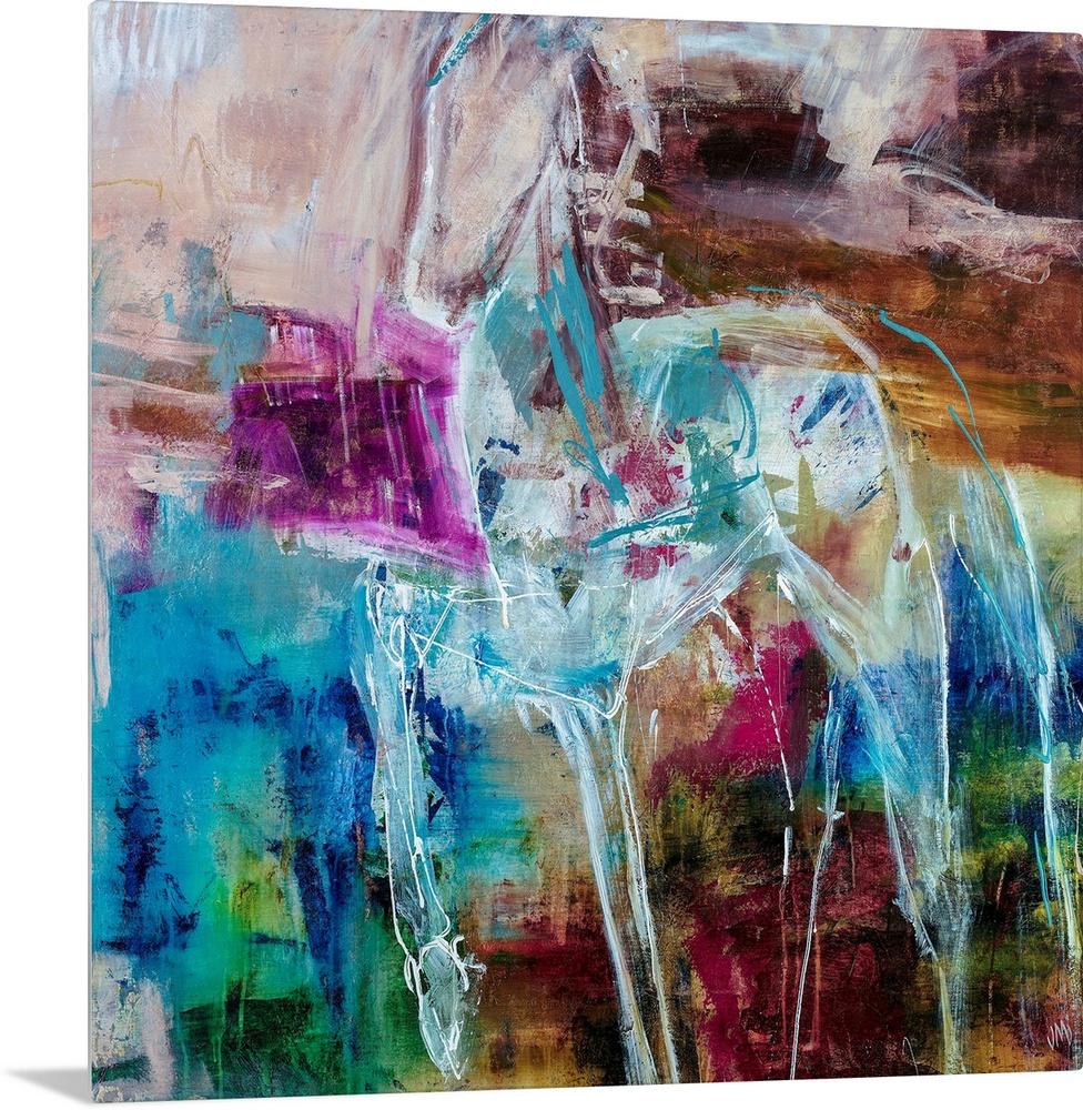 Abstract painting of a pony outlined in white, complemented by splotches of vibrant purple and bright blue.