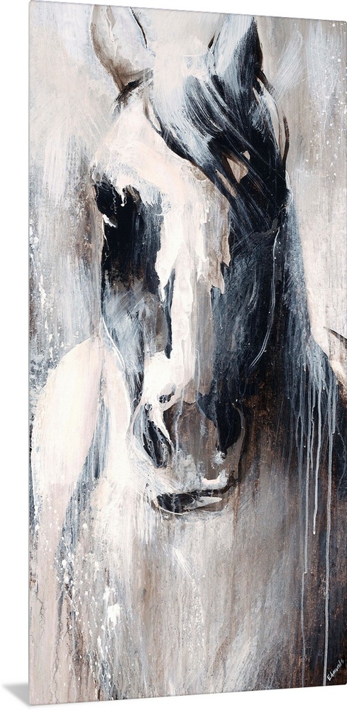 Neutral-toned painting of a horse with paint drips.