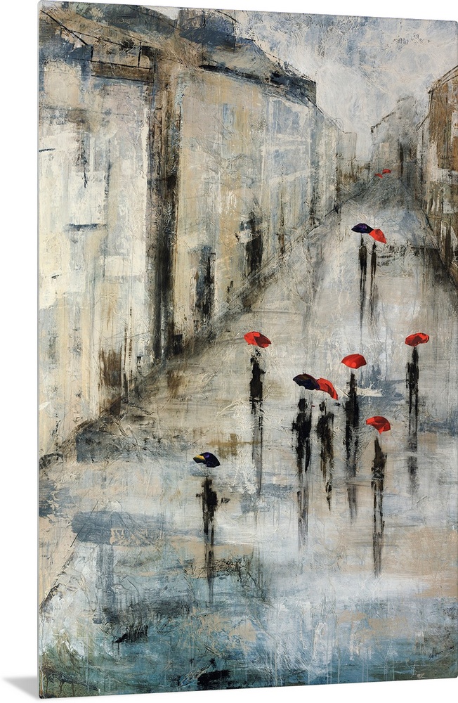 Neutral-toned painting of pedestrians holding umbrellas while walking along a promenade on a dreary day.