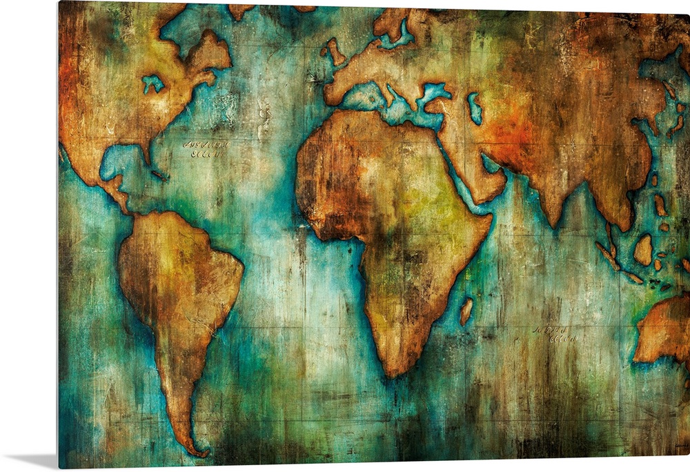 Painting of a world map done in an antique style with shades of brown and blue-green.