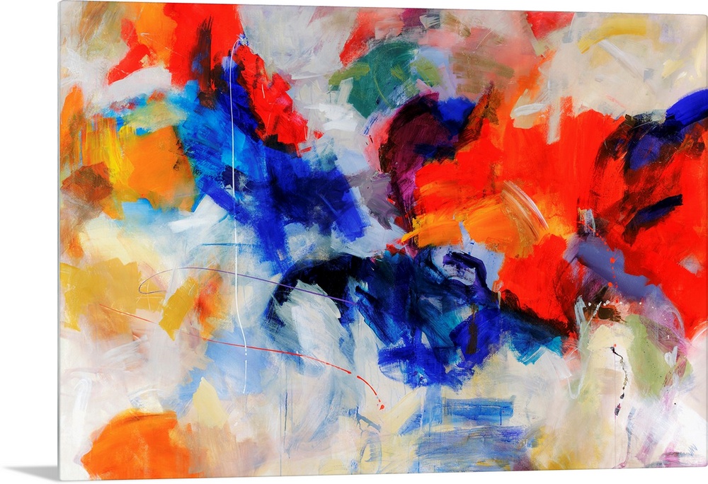 Wall art of an abstractly painted canvas of different blotches of bright colors put together.