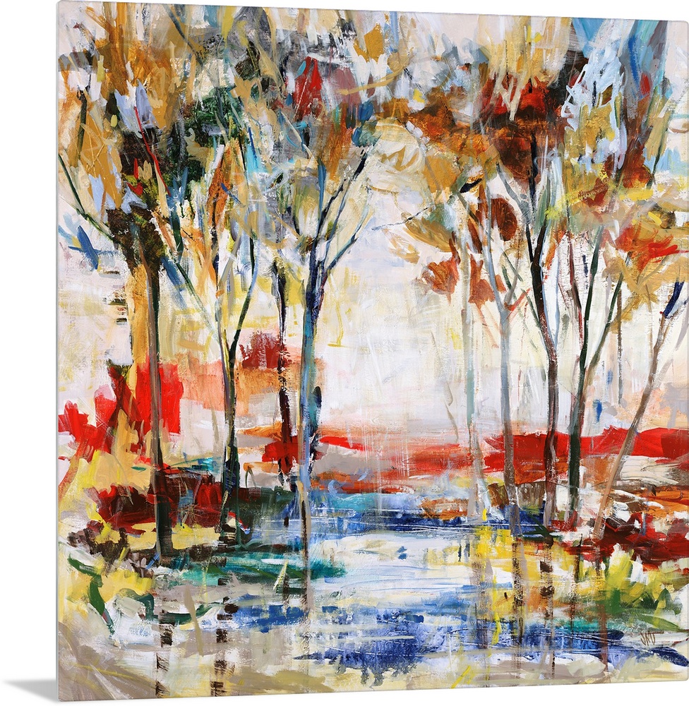 Contemporary painting of a grove of vibrant trees, surrounded by a multicolored playful landscape.