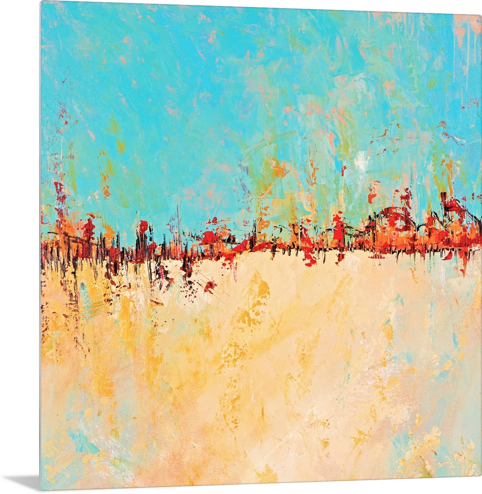 Contemporary abstract painting with bright turquoise and gold separated by intense orange.