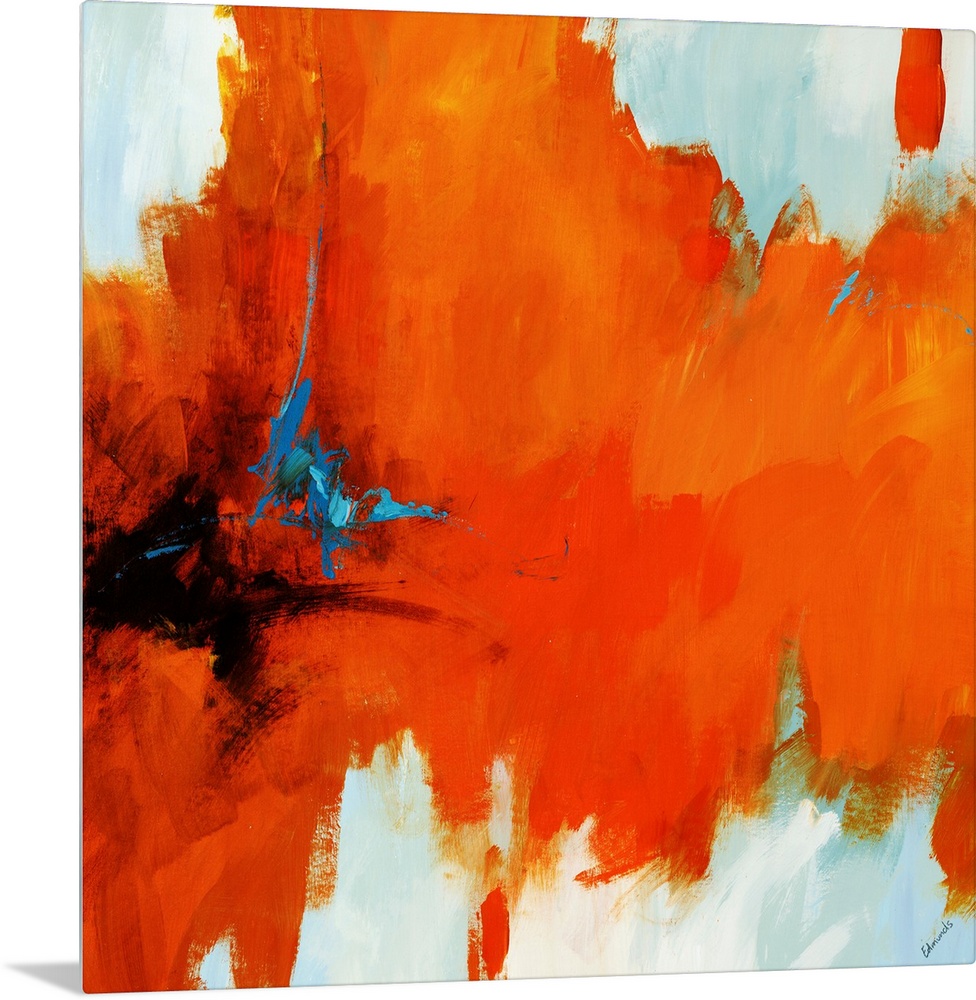 Contemporary painting on a square canvas of an abstract vision involving intense, hot color retreating from a dark center.