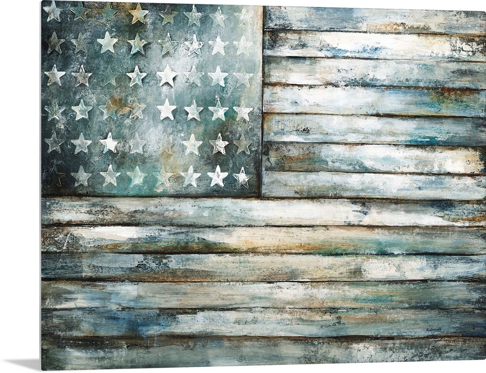Contemporary painting of a wooden and weathered looking American flag.