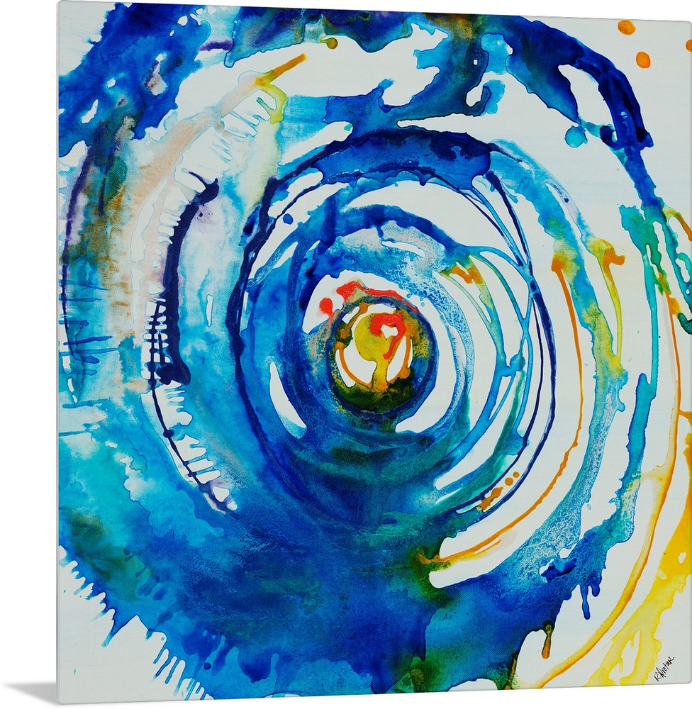 Contemporary painting of a multicolored swirl of spattered paint that gives the appearance of moving through a vortex towa...