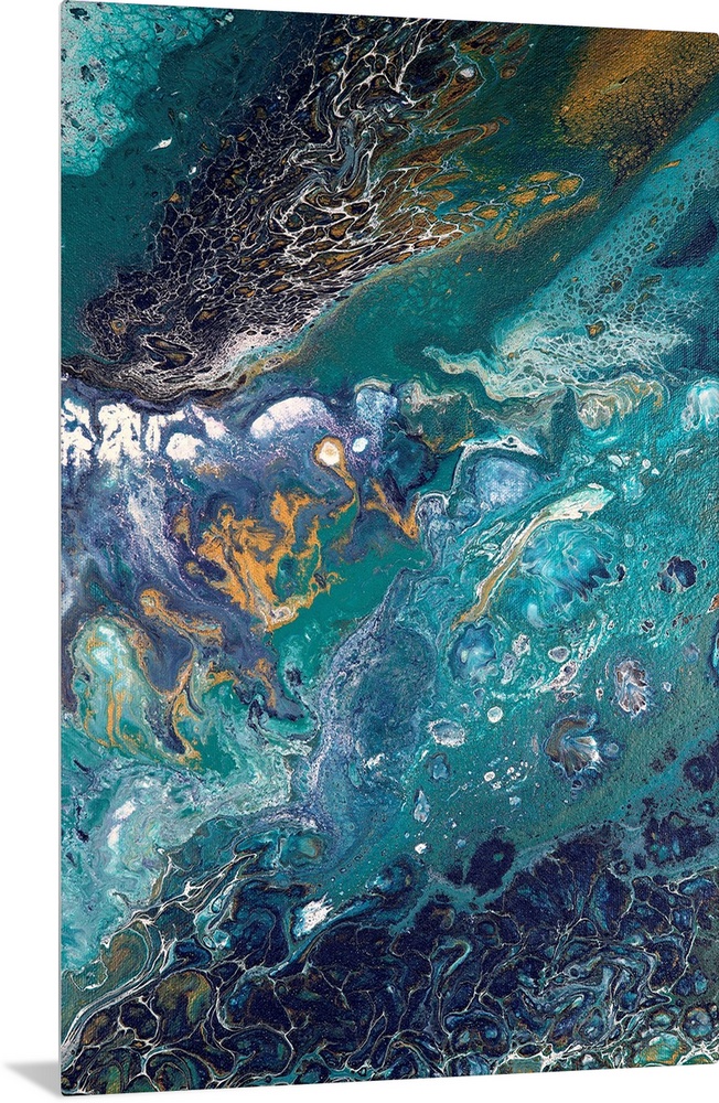 Abstract contemporary painting in color tones resembling the ocean, applied in a marbling effect.