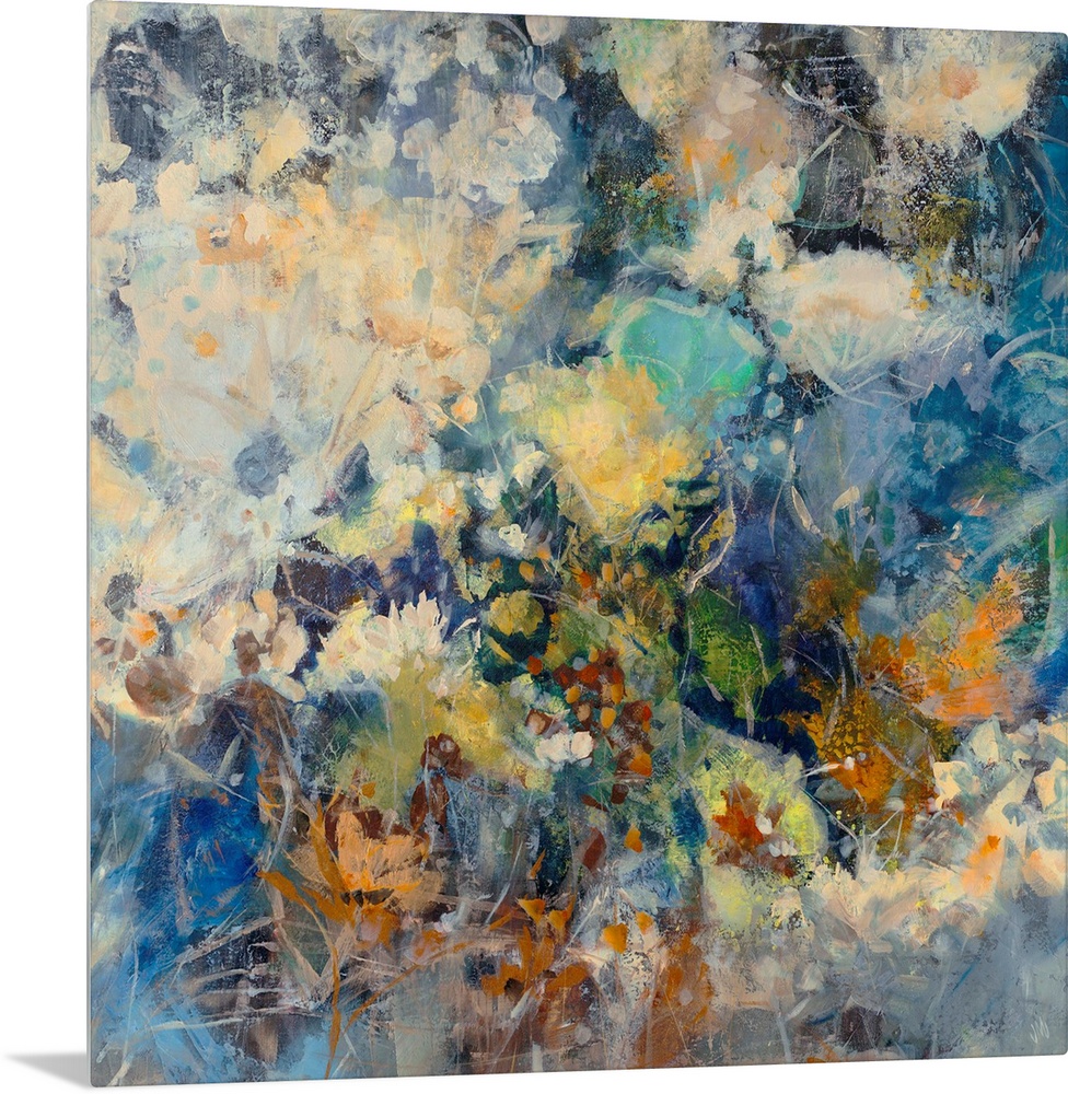 Huge abstract art depicts a large assortment of flowers mixed together through the use of numerous earth and cool tones. A...