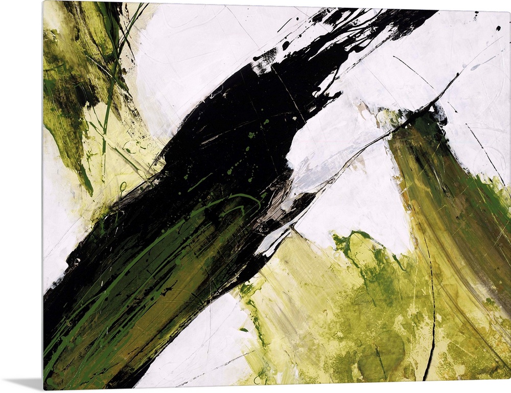 Abstract painting of dark and light green paint slashing across a neutral background.