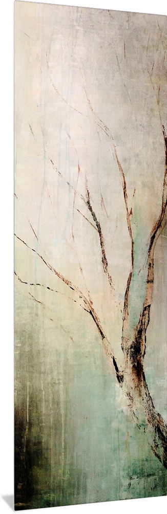 Panoramic contemporary art depicts a lone tree branch composed of earth tones as it sits in front of a bare background.