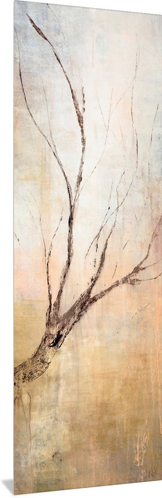 Contemporary vertical panoramic painting of tree branch with several other smaller twigs branching off in an upward direct...