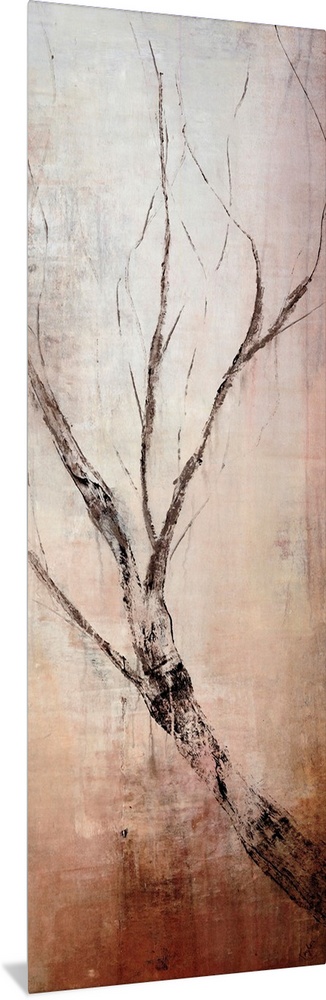 Vertical panoramic canvas painting of an abstract tree branch growing upwards on a grungy background.