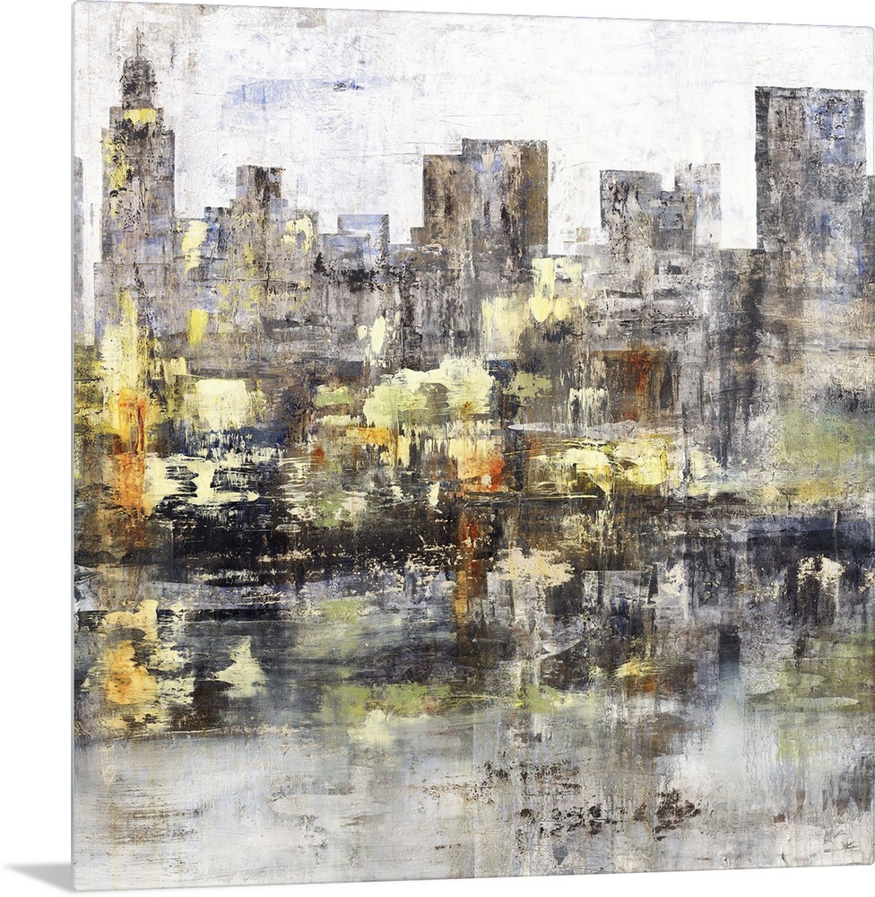 Square abstract painting of a city skyline with tall buildings in dark shades of gray and brown with gold, yellow, orange,...