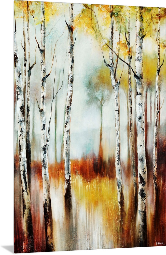 Abstracted landscape painting of a forest of birch trees going through seasonal transitions.