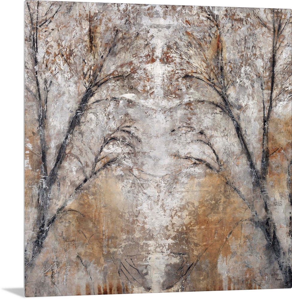 Abstract landscape painting of a path between two trees done in cool, neutral tones and silvery grays.