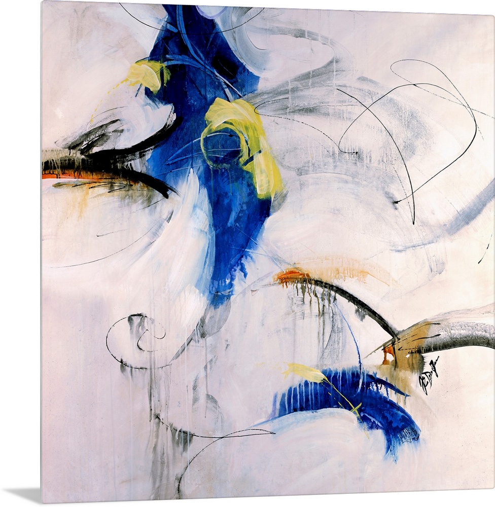 A square, abstract painting of swirls and shapes of color on a neutral backdrop.