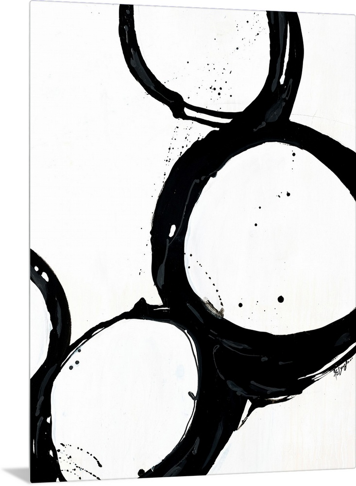 Giant monochromatic abstract art includes a set of four uneven and irregular circles positioned next to each other and cur...