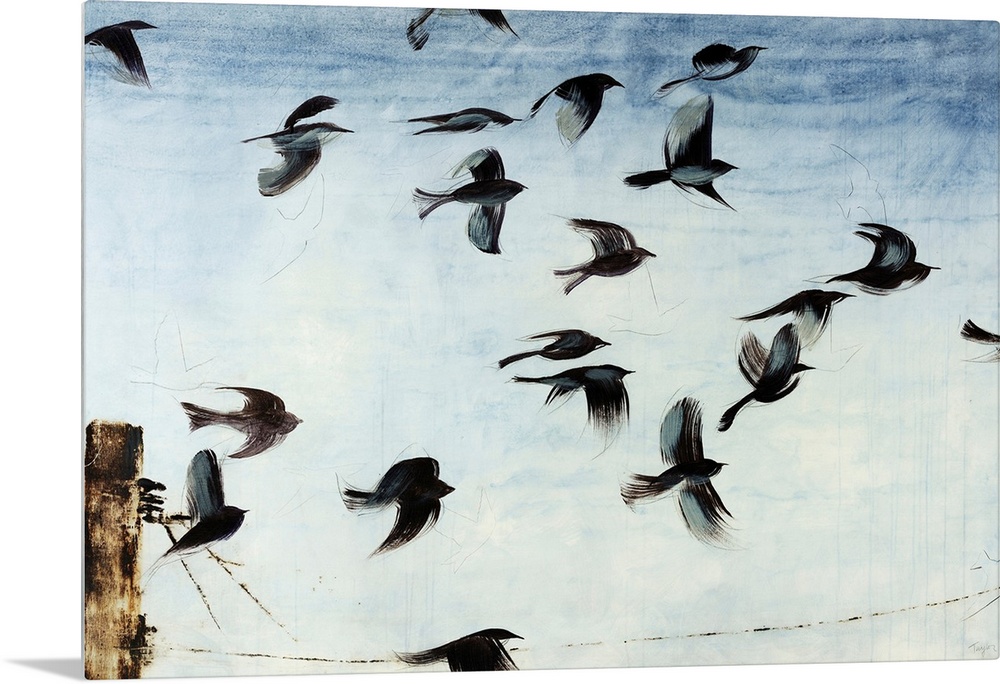 Contemporary artwork of a flock of sparros in flight above a power line in front of a light blue sky.