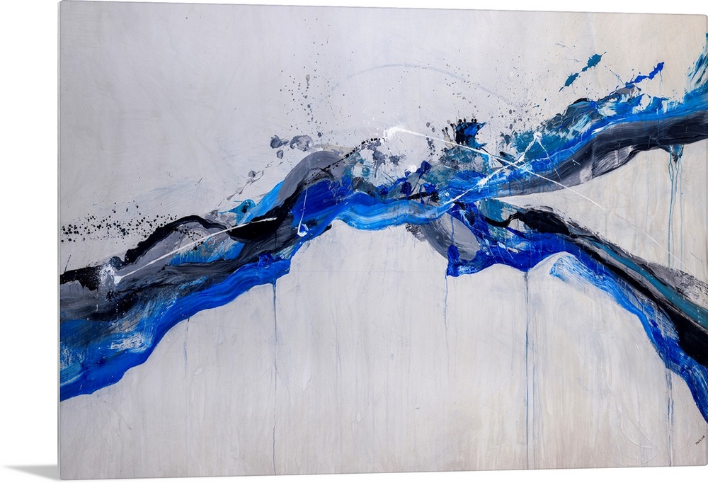 Energetic form in varying shades of blue and black cutting diagonally across the composition.
