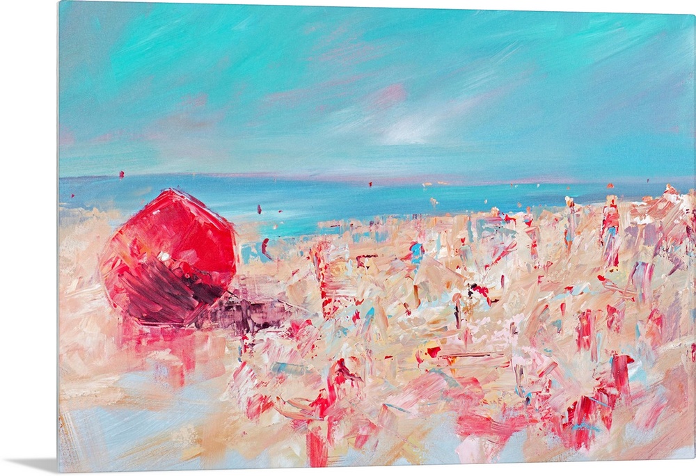 Contemporary painting of a beach scene with a bright red umbrella and deep turquoise water.