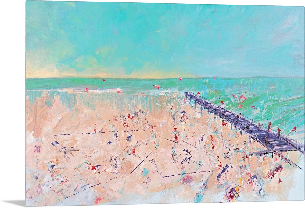 Contemporary artwork of a beach scene with a pier stretching into the ocean.