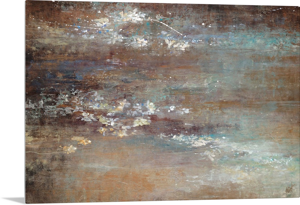 Abstract painting done in cool brown and gray tones with flecks of white dispersed throughout.