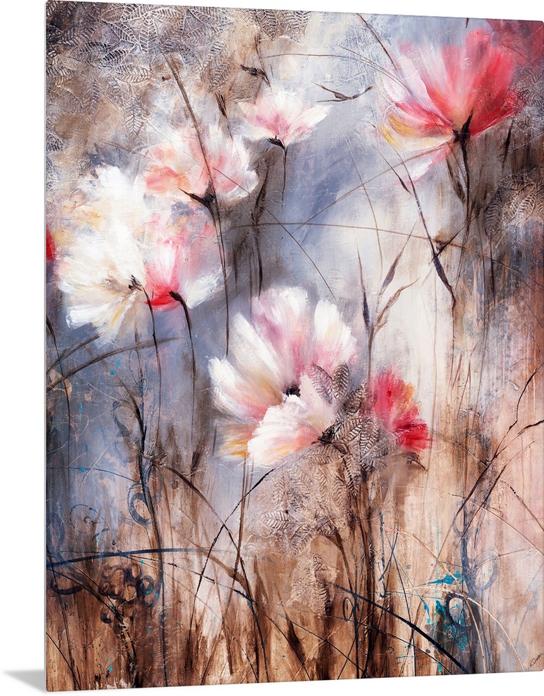 Contemporary painting of soft pale colored flowers against an abstract background.