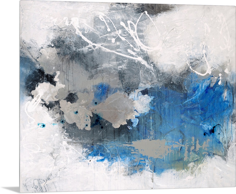 Contemporary abstract painting in white and blue, with white swirls.