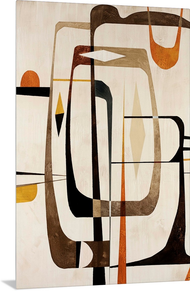 This contemporary painting uses elongated decorative shapes to add movement and depth to this abstract wall hanging.