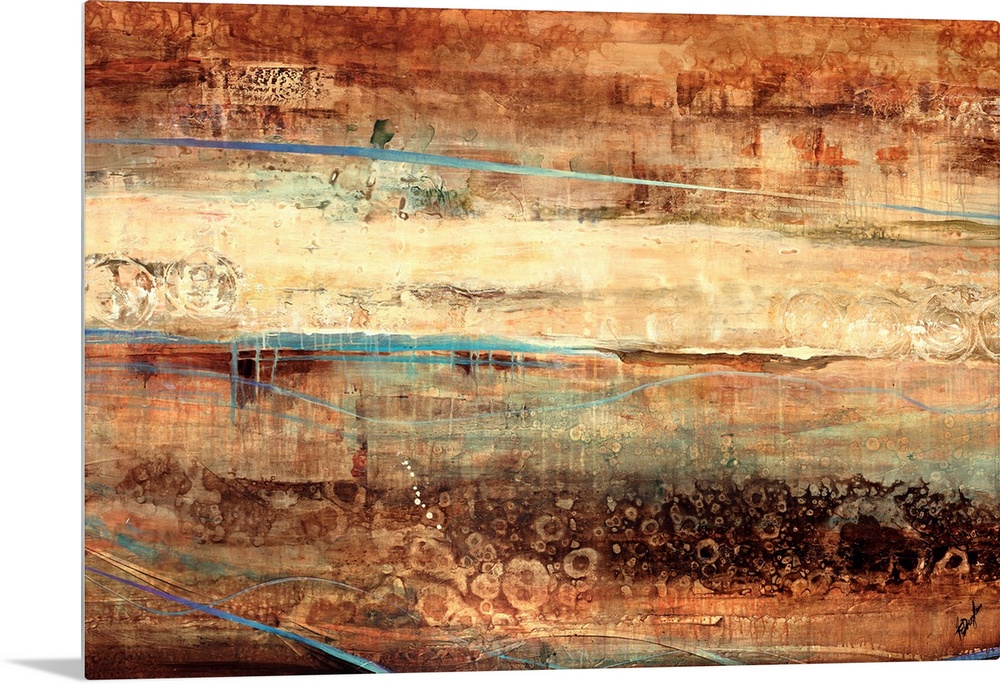 Large, landscape, abstract painting of various horizontal streaks of texture and color in earth tones, that almost appear ...