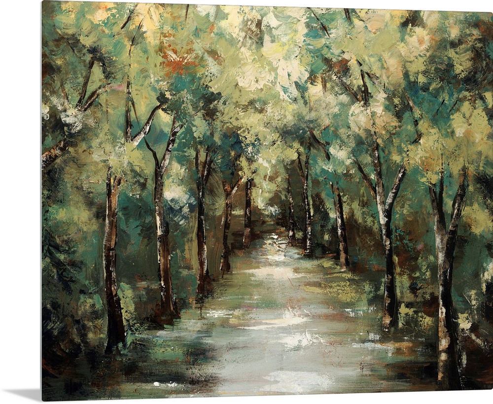 Contemporary landscapes scene of a path running through a vibrant and verdant forest.