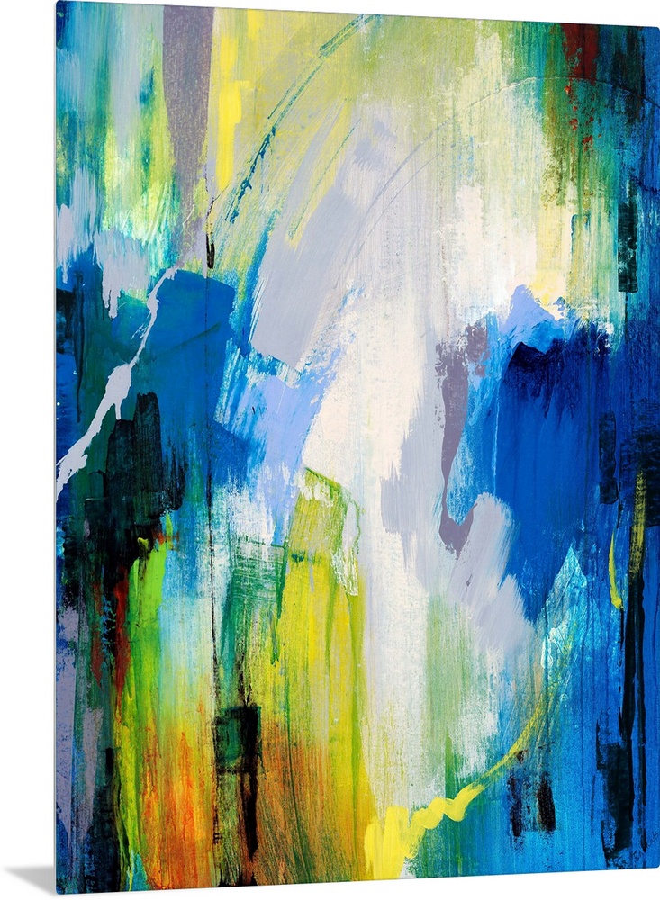 Contemporary abstract painting with bright, cool strokes of color great for home or office docor.