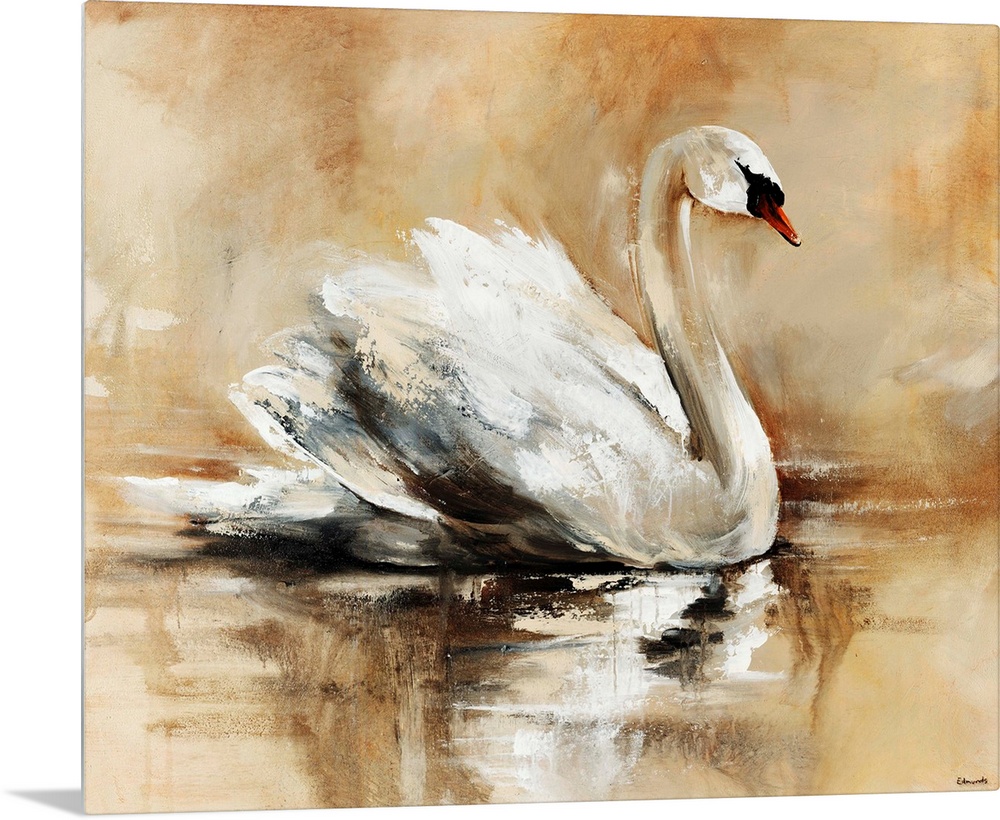 Abstrated painting of a beautiful swan floating gracefully atop a lake.