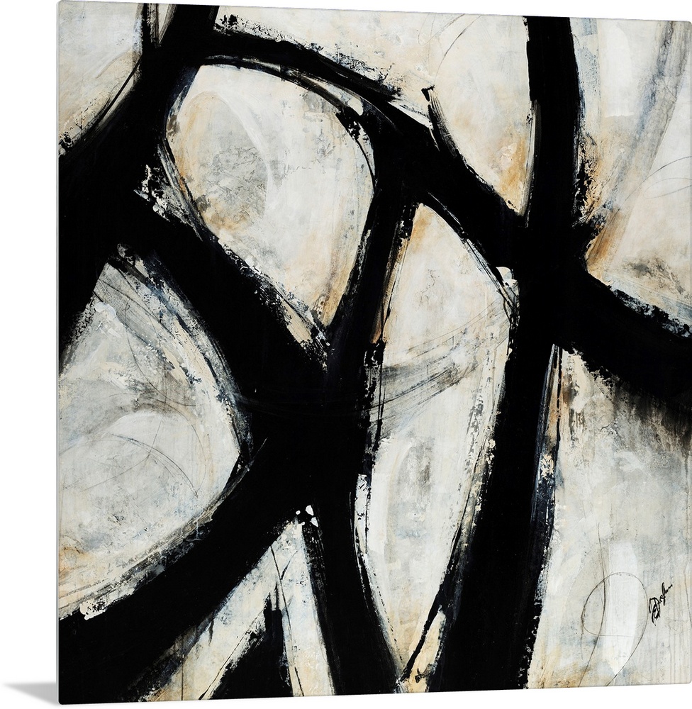 Contemporary abstract painting of black brush strokes over a netural background.