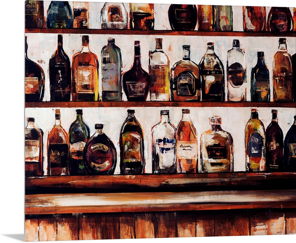 Contemporary painting of shelves of liquor in a bar setting.