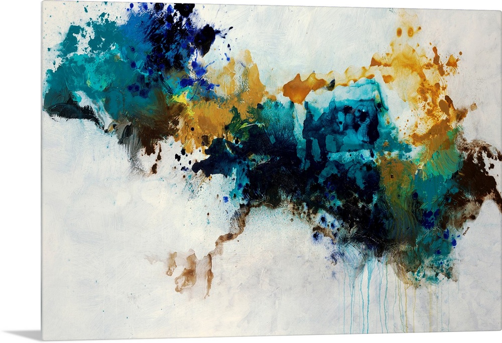 Contemporary abstract painting of a huge splatter in teal, blue and golden yellow hues crossing the compositional horizont...