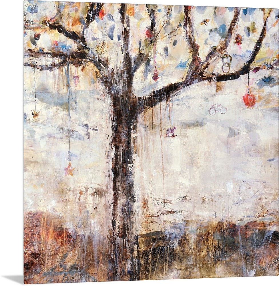 Abstracted painting of a tree with various  charms and bobbles hanging from its branches.