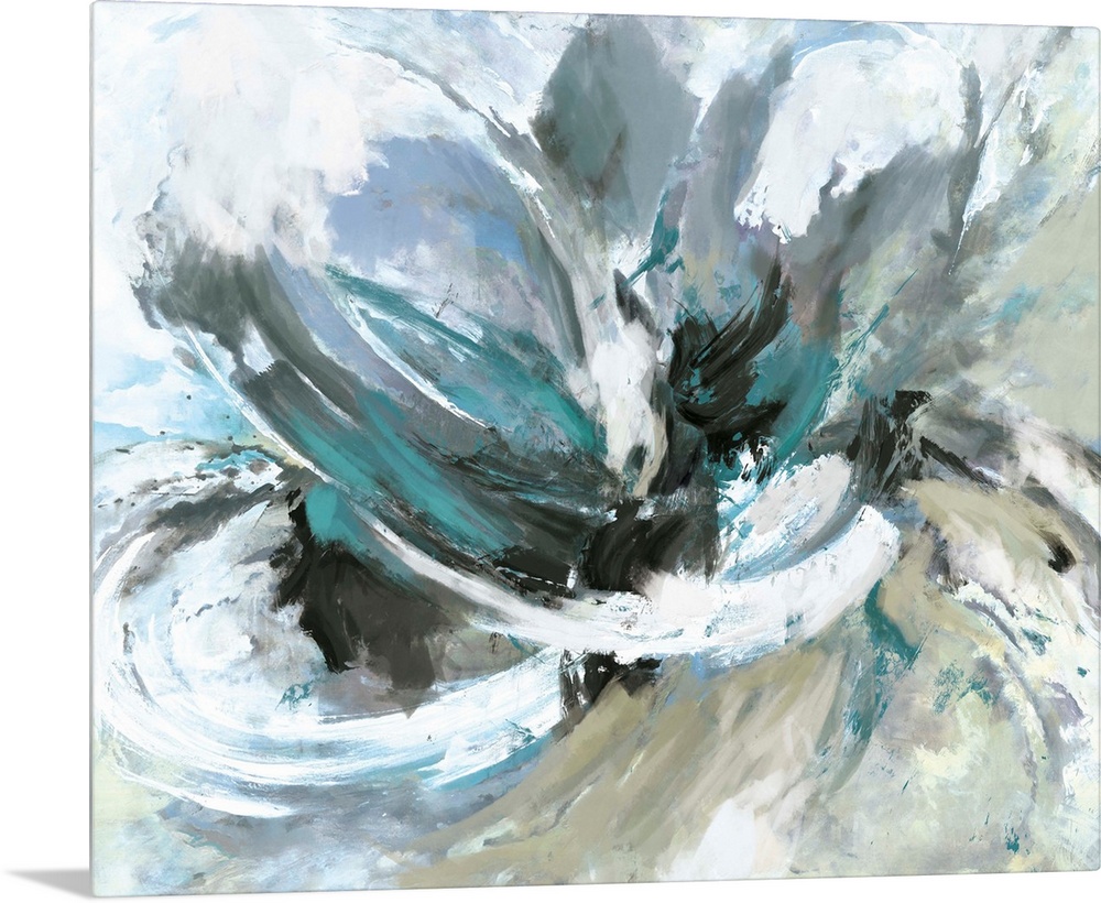 A contemporary abstract painting using mostly pale tones with splashes of neutral white tones to give contrast.