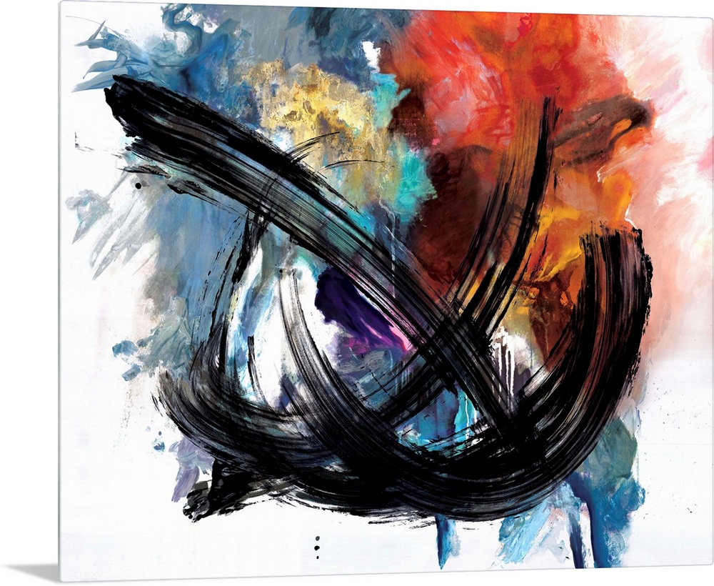 Contemporary abstract artwork in bright, fiery colors with broad black strokes across the center.