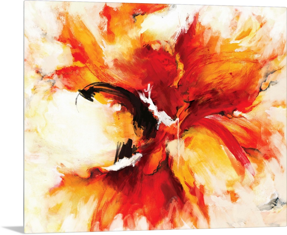 A contemporary abstract painting of a fiery explosion of red and orange with bursts of yellow like a phoenix rising from i...