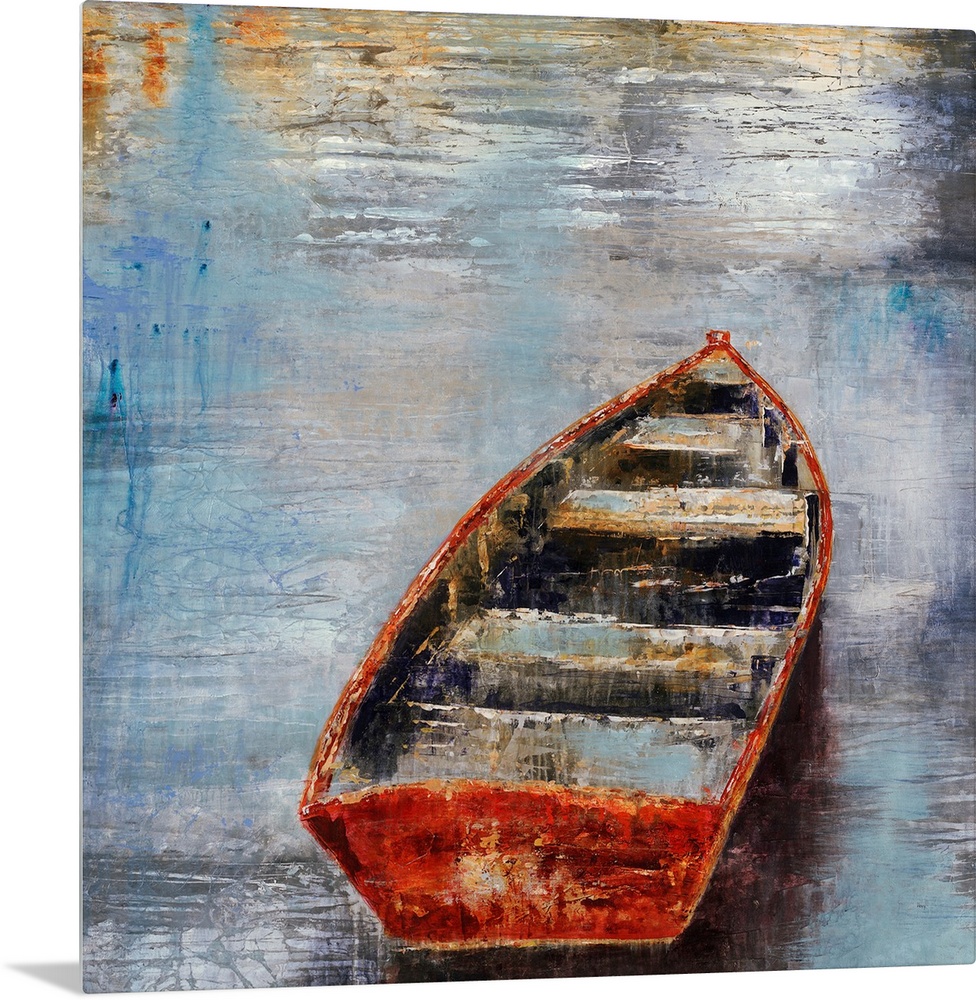 Textured painting of an empty rowboat sitting in calm water at sunset.
