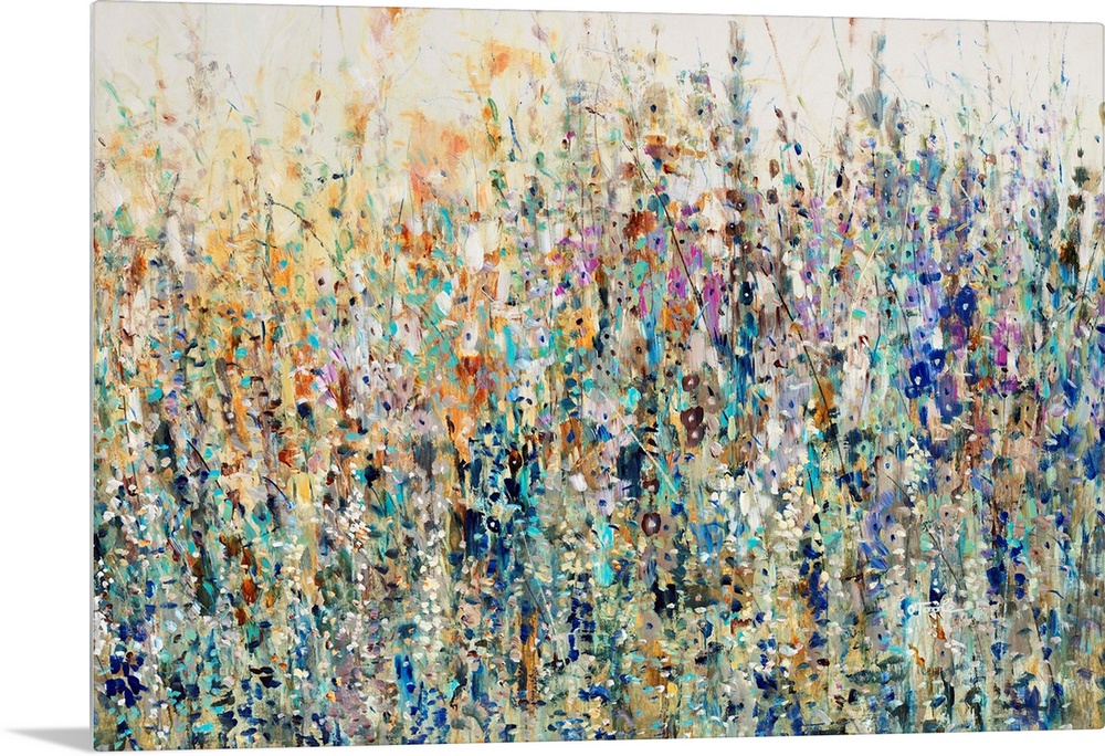 A splashy, vibrant mass of wild flowers and grasses in an abstract, impressionist style.