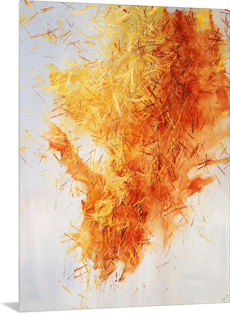 Abstract art of a large cluster of pine needles in golden warm tones on a light neutral background.