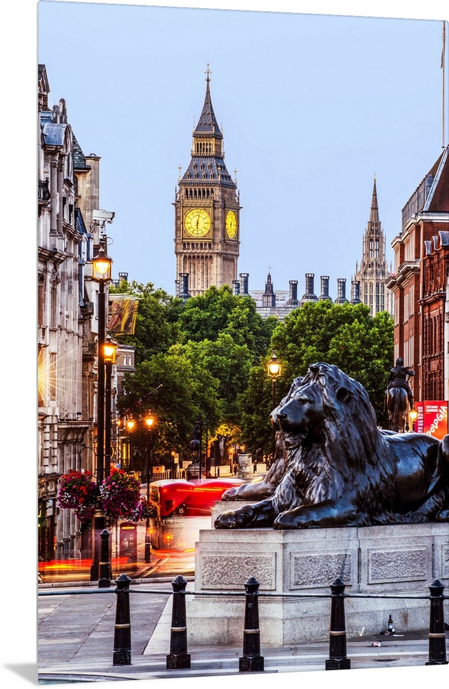 Photograph of Trafalgar Square with the iconic Trafalgar Lions in the foreground and Big Ben in the background.