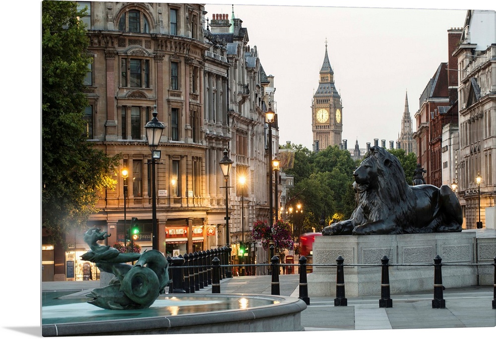 Photograph of the lions at Trafalgar Square with Big Ben in the background, London, England